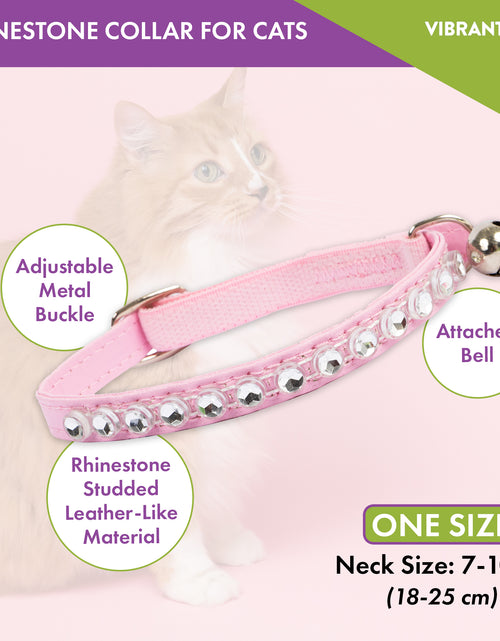 Load image into Gallery viewer, Pink Rhinestone Cat Collar, Neck Adjusts 7-10&quot;, Slide Buckle, Leather-Like Material, Shiny Bell
