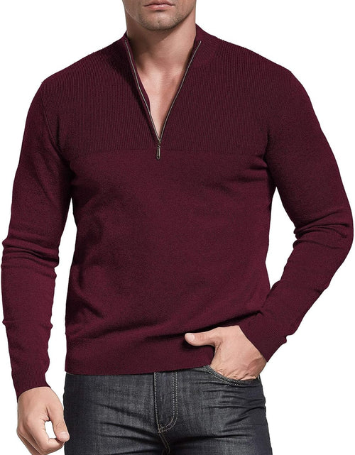 Load image into Gallery viewer, Mens Slim Fit Zip up Mock Neck Polo Sweater Casual Long Sleeve Sweater and Pullover Sweaters with Ribbing Edge
