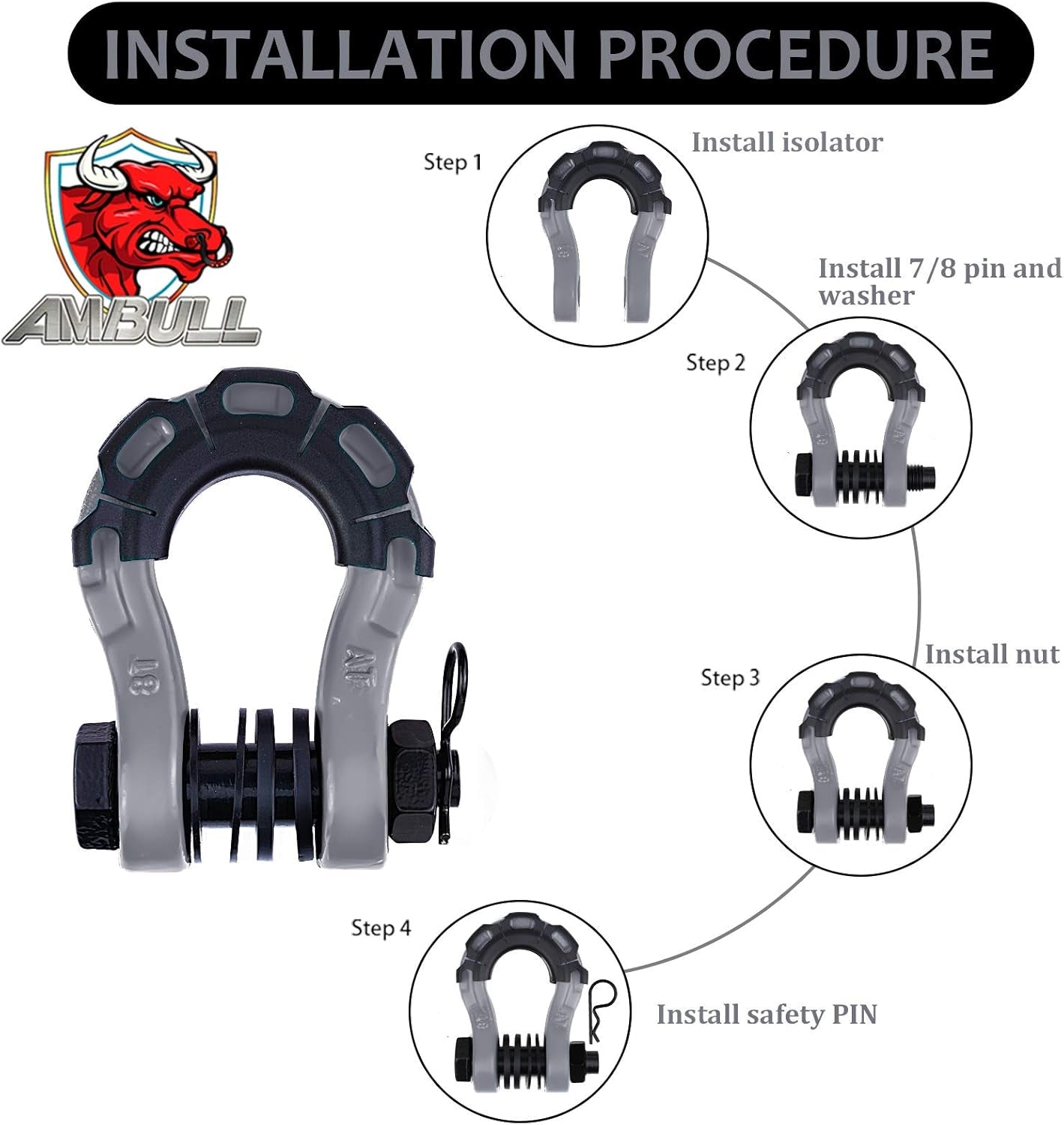 Shackles Upgrade 3/4" D Ring Shackle (2 Pack) 70,000 Lbs Break Strength with 7/8" Pin, Isolator and Washer Kits for Use with Tow Strap, Winch, Off-Road Truck Vehicle Recovery, Grey