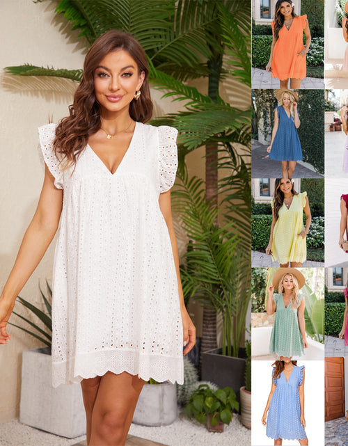 Load image into Gallery viewer, Lace Dresses With Pocket Summer Sleeveless Jacquard Cutout V-Neck Beach Dress
