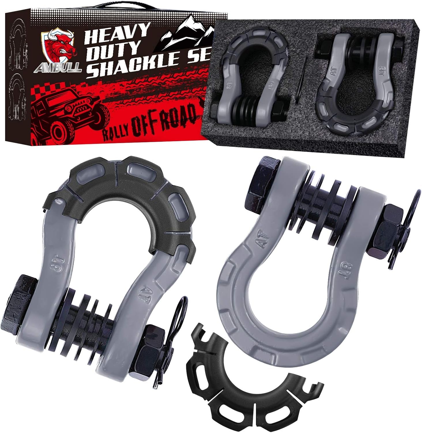 Shackles Upgrade 3/4" D Ring Shackle (2 Pack) 70,000 Lbs Break Strength with 7/8" Pin, Isolator and Washer Kits for Use with Tow Strap, Winch, Off-Road Truck Vehicle Recovery, Grey