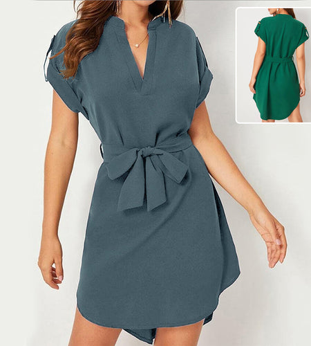 V-neck Short Sleeve Dress With Belt Summer Fashion Bowknot Dresses For Women Clothing
