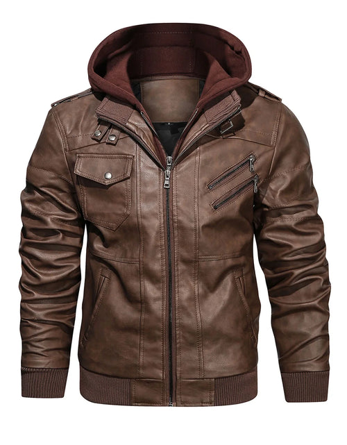 Load image into Gallery viewer, Men&#39;S Pu Faux Leather Jacket with Removable Hood Brown M
