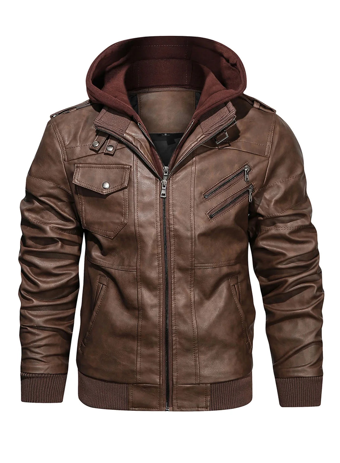 Men'S Pu Faux Leather Jacket with Removable Hood Brown M