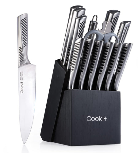 Kitchen Knife Set, 15 Piece Knife Sets with Block, Chef Knives with Non-Slip German Stainless Steel Hollow Handle Cutlery Set with Multifunctional Scissors Knife Sharpener  Amazon Platform Banned