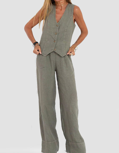 Load image into Gallery viewer, Summer Vest Suits V-neck Botton Sleeveless Top And Loose Straight Trousers Casual Womens Clothing
