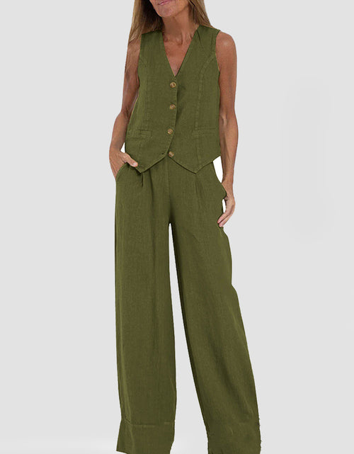 Load image into Gallery viewer, Summer Vest Suits V-neck Botton Sleeveless Top And Loose Straight Trousers Casual Womens Clothing
