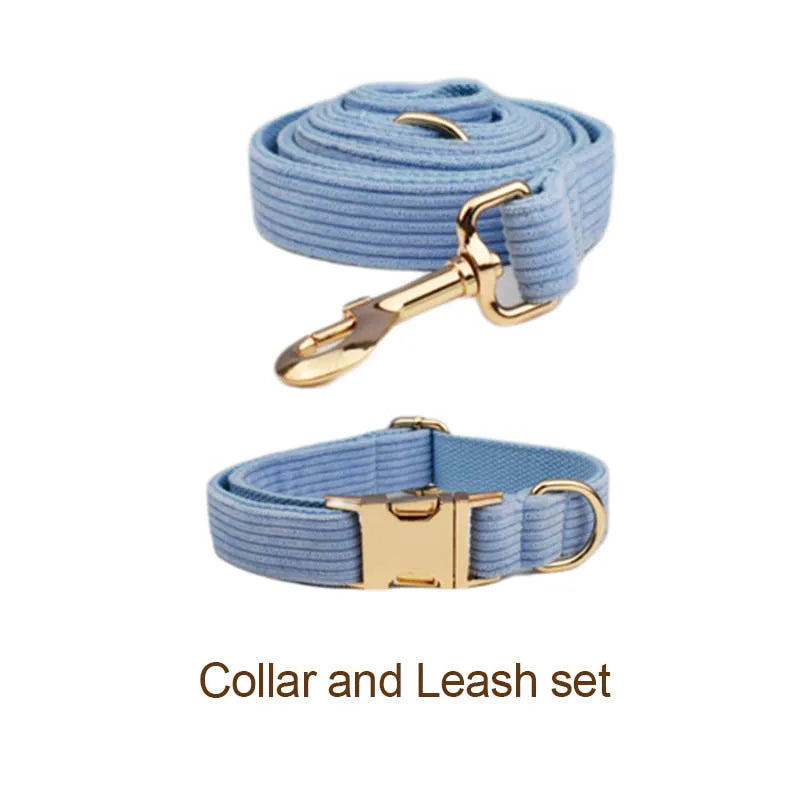 Blue Corduroy Dog Collar and Leash Set for Dogs Custom Engraved Nameplate Pet Supplies Dog Leash Corduroy08