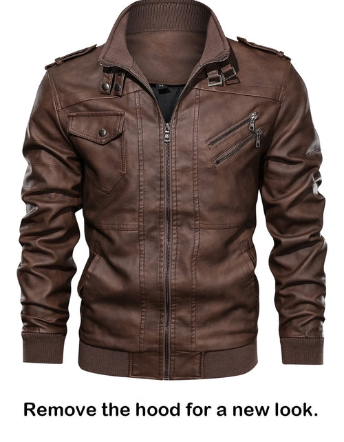 Load image into Gallery viewer, Men&#39;S Pu Faux Leather Jacket with Removable Hood Brown M
