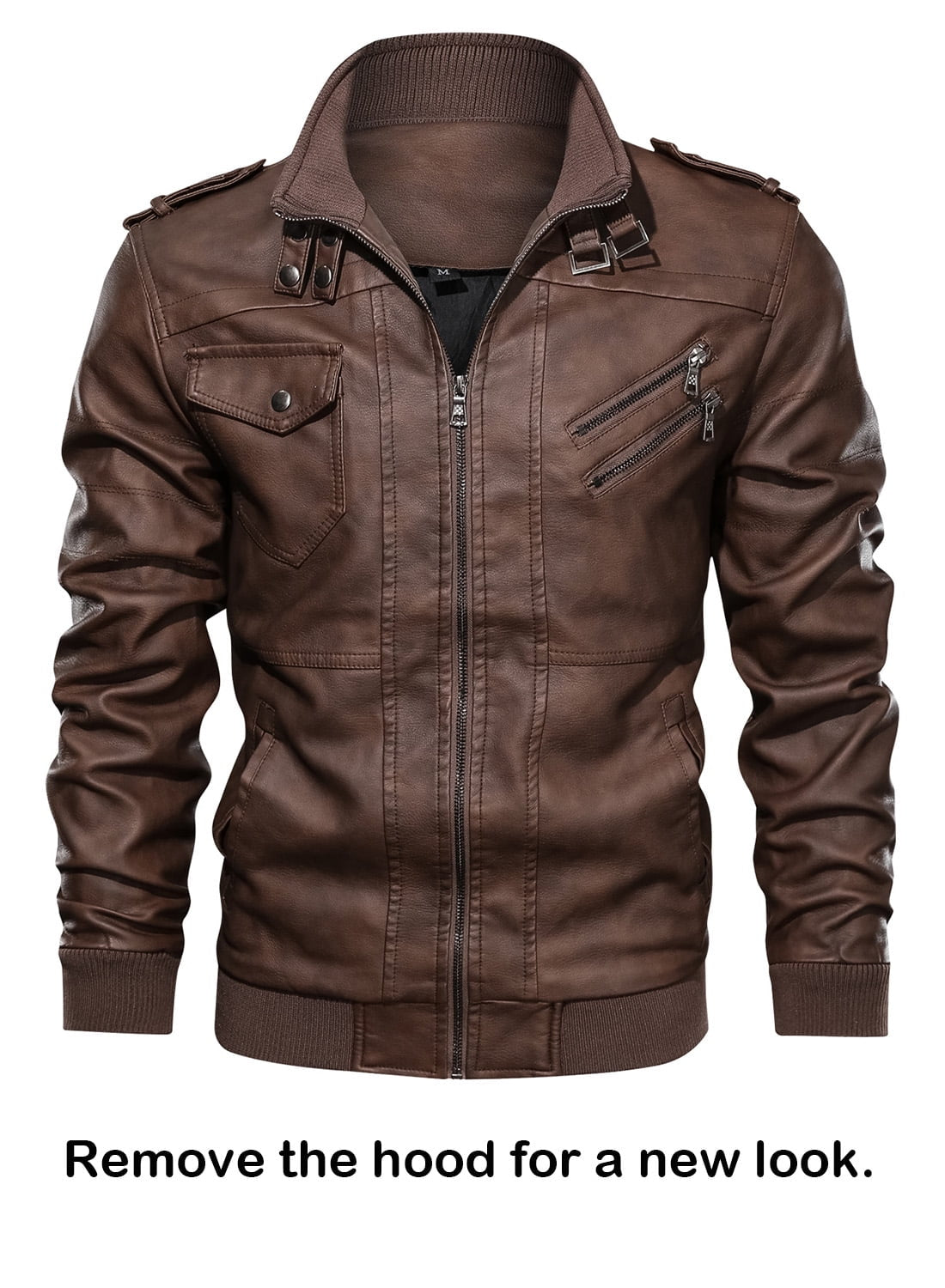 Men'S Pu Faux Leather Jacket with Removable Hood Brown M