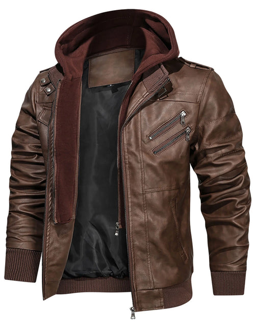 Load image into Gallery viewer, Men&#39;S Pu Faux Leather Jacket with Removable Hood Brown M
