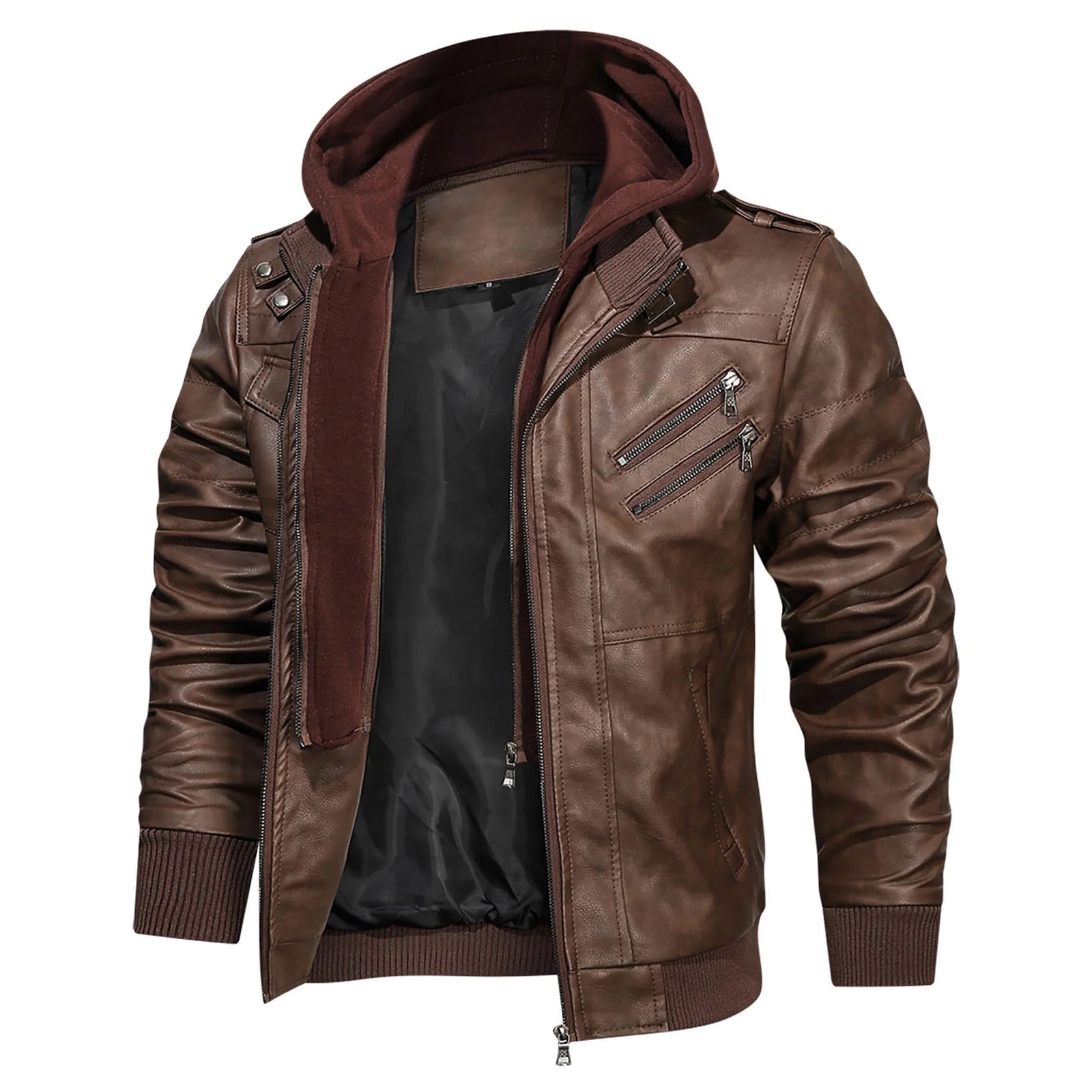 Men'S Pu Faux Leather Jacket with Removable Hood Brown M