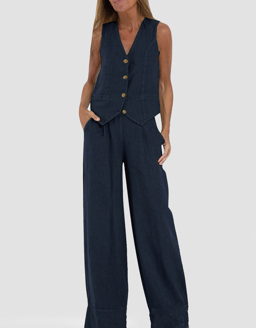 Load image into Gallery viewer, Summer Vest Suits V-neck Botton Sleeveless Top And Loose Straight Trousers Casual Womens Clothing

