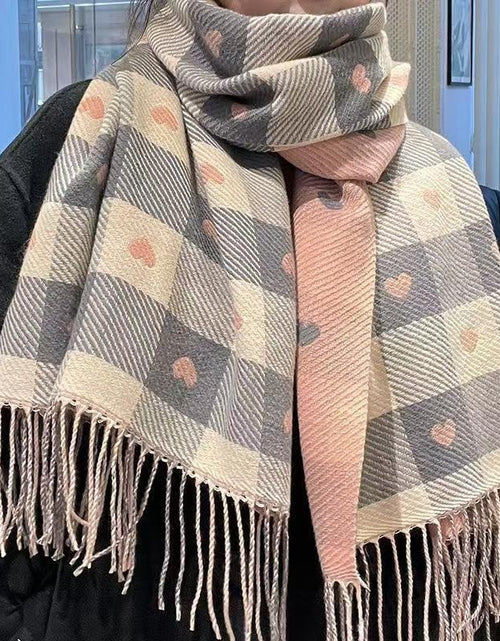 Load image into Gallery viewer, Artificial Cashmere Scarf Female With Hearts Thick Checks Fringe Bib
