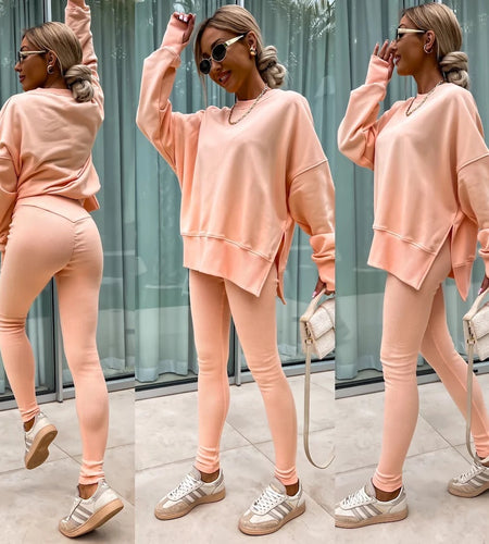 Sweater Suit Women's Casual Loose Long Sleeve Crew Neck Split Top Tight Trousers