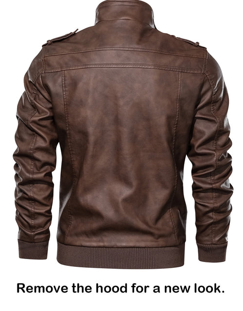 Load image into Gallery viewer, Men&#39;S Pu Faux Leather Jacket with Removable Hood Brown M
