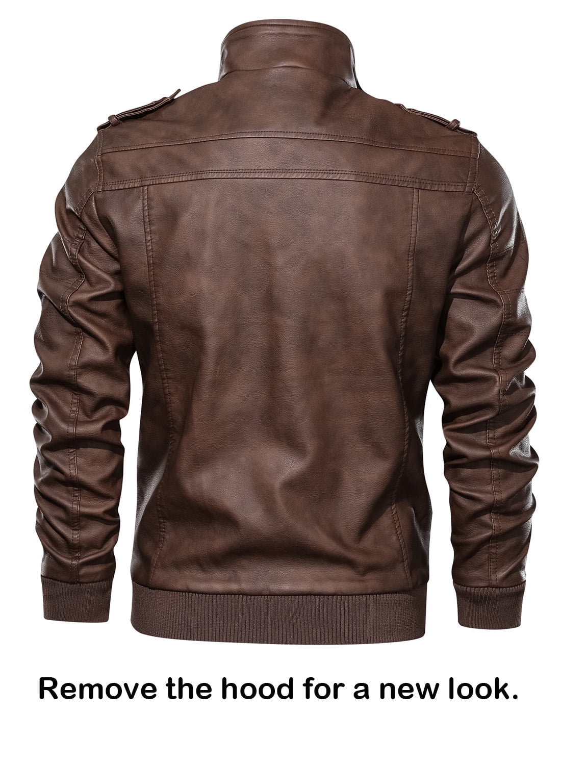 Men'S Pu Faux Leather Jacket with Removable Hood Brown M