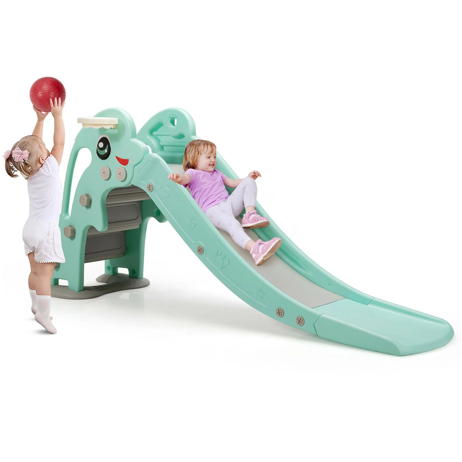 3-In-1 Kids Climber Slide Play Set W/Basketball Hoop Indoor & Outdoor Green