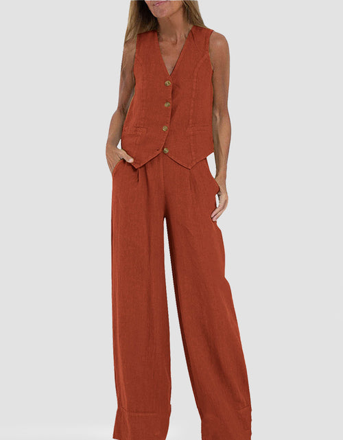 Load image into Gallery viewer, Summer Vest Suits V-neck Botton Sleeveless Top And Loose Straight Trousers Casual Womens Clothing
