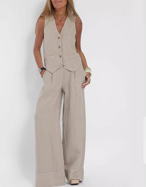 Load image into Gallery viewer, Summer Vest Suits V-neck Botton Sleeveless Top And Loose Straight Trousers Casual Womens Clothing
