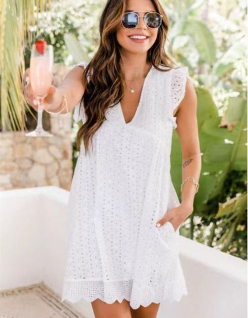 Load image into Gallery viewer, Lace Dresses With Pocket Summer Sleeveless Jacquard Cutout V-Neck Beach Dress
