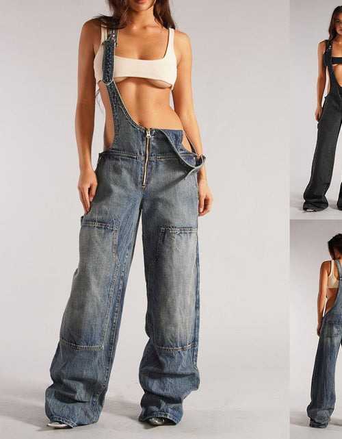 Load image into Gallery viewer, Y2K Zipper Denim Overalls With Pockets Fashion Loose Suspender Jumpsuit Streetwear Jeans Pants Womens Clothing

