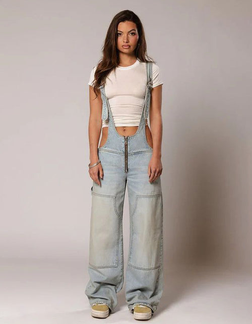 Load image into Gallery viewer, Y2K Zipper Denim Overalls With Pockets Fashion Loose Suspender Jumpsuit Streetwear Jeans Pants Womens Clothing
