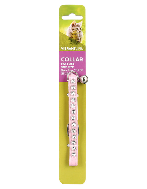 Load image into Gallery viewer, Pink Rhinestone Cat Collar, Neck Adjusts 7-10&quot;, Slide Buckle, Leather-Like Material, Shiny Bell
