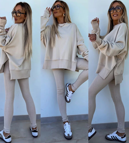 Sweater Suit Women's Casual Loose Long Sleeve Crew Neck Split Top Tight Trousers