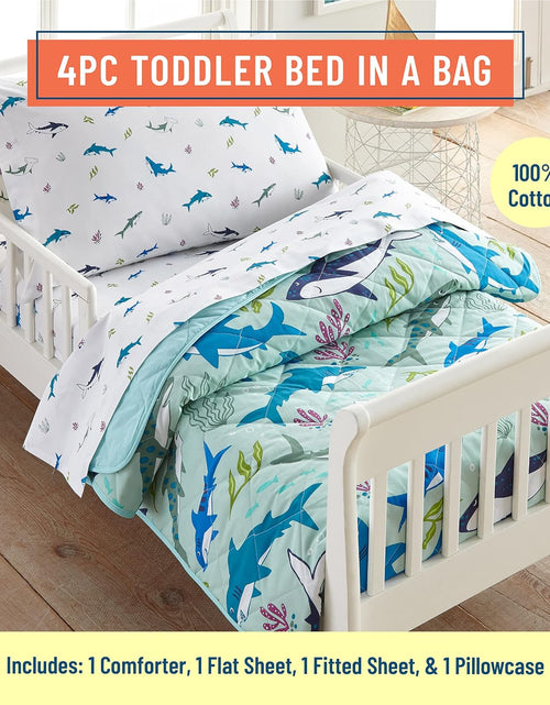 Load image into Gallery viewer, 100% Cotton 4 Piece Toddler Bed-In-A-Bag for Boys &amp; Girls, Bedding Set Includes Comforter, Flat Sheet, Fitted Sheet &amp; Pillowcase, Bed Set for Cozy Cuddles (Shark Attack)
