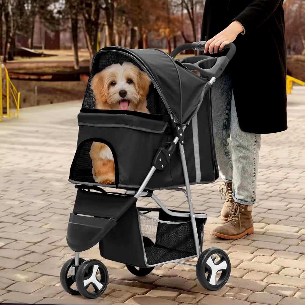 Foldable Pet Stroller with Weather Cover 3 Wheels Pet Strolling Cart for Small/Medium Dogs and Cats with Storage Basket