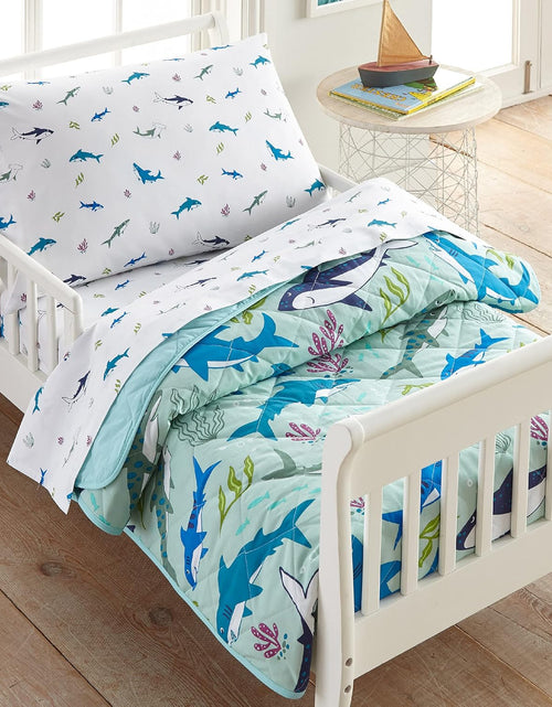 Load image into Gallery viewer, 100% Cotton 4 Piece Toddler Bed-In-A-Bag for Boys &amp; Girls, Bedding Set Includes Comforter, Flat Sheet, Fitted Sheet &amp; Pillowcase, Bed Set for Cozy Cuddles (Shark Attack)
