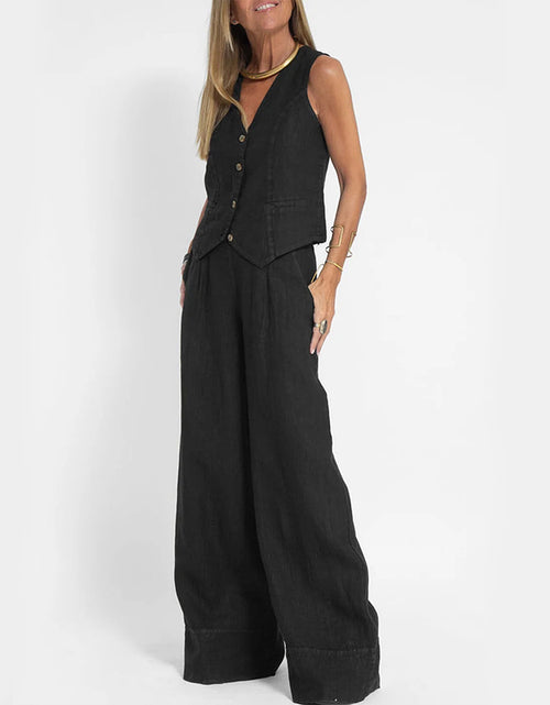 Load image into Gallery viewer, Summer Vest Suits V-neck Botton Sleeveless Top And Loose Straight Trousers Casual Womens Clothing
