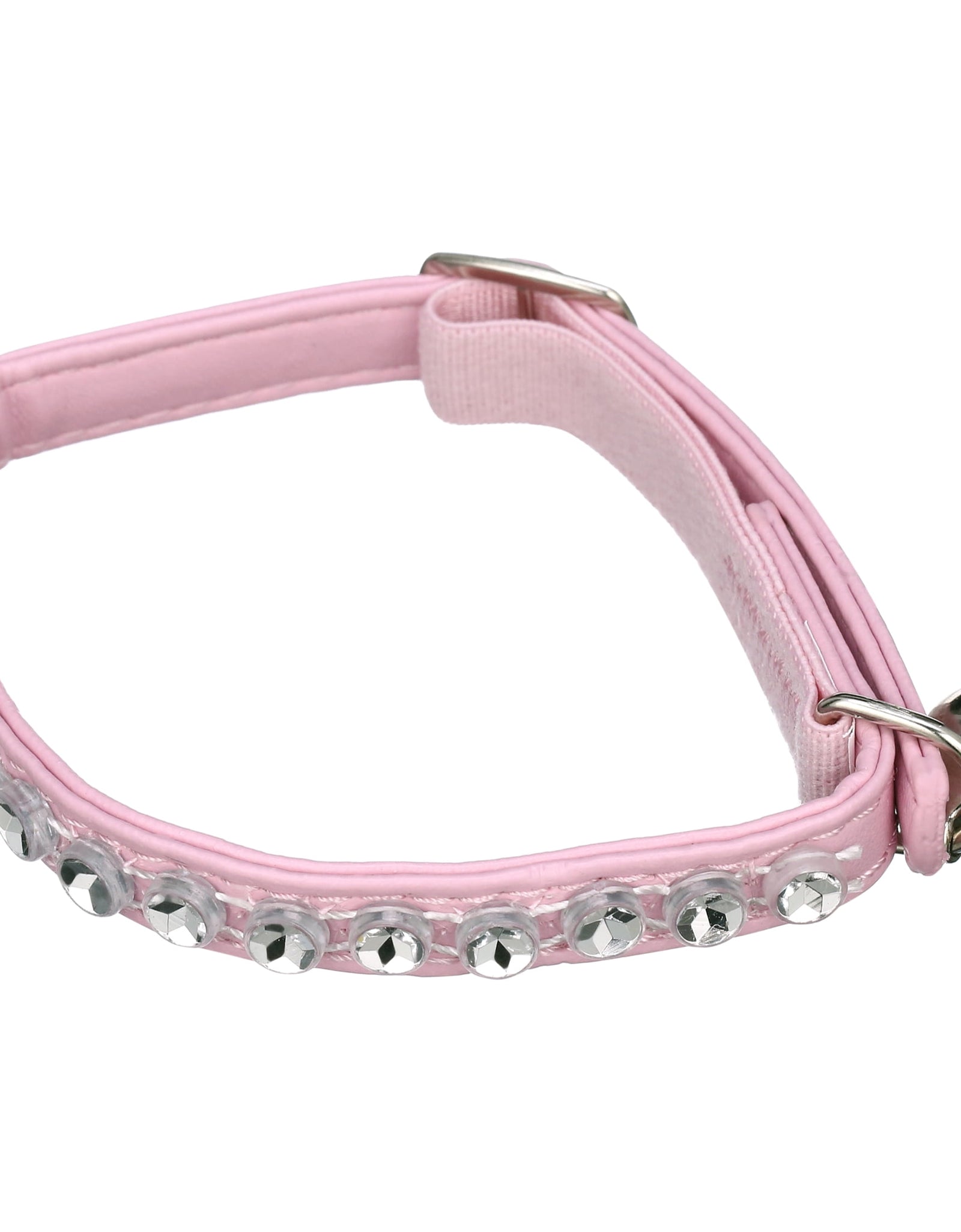 Pink Rhinestone Cat Collar, Neck Adjusts 7-10", Slide Buckle, Leather-Like Material, Shiny Bell