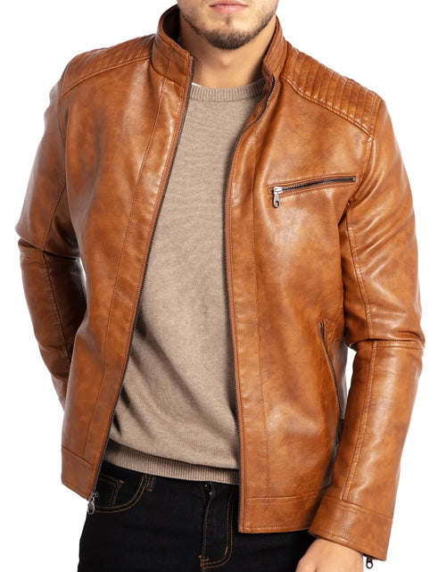 Load image into Gallery viewer, Men&#39;S Stand Collar Leather Jacket Motorcycle Faux Leather Jackets Outwear
