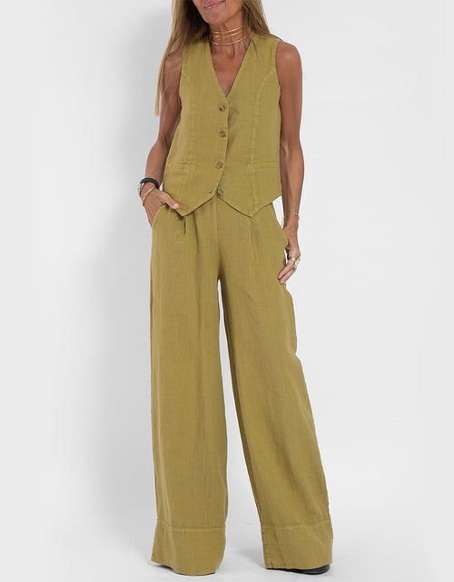 Load image into Gallery viewer, Summer Vest Suits V-neck Botton Sleeveless Top And Loose Straight Trousers Casual Womens Clothing
