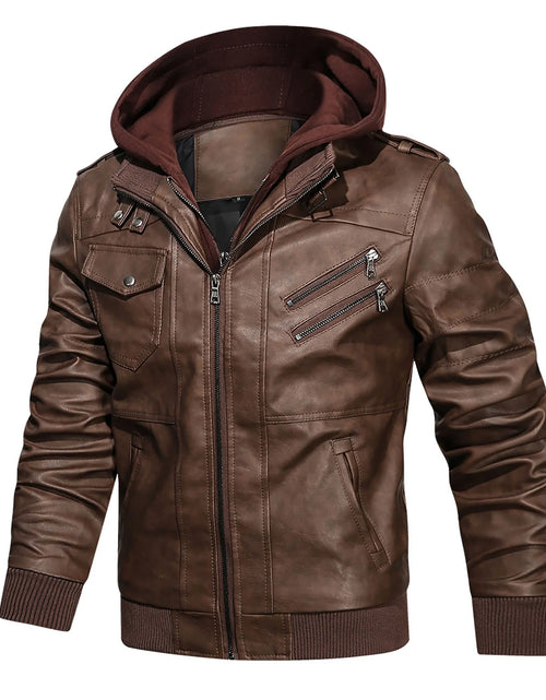 Load image into Gallery viewer, Men&#39;S Pu Faux Leather Jacket with Removable Hood Brown M
