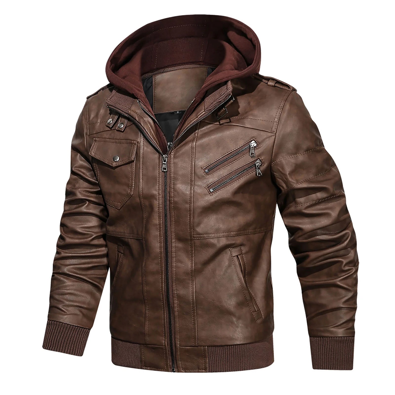 Men'S Pu Faux Leather Jacket with Removable Hood Brown M