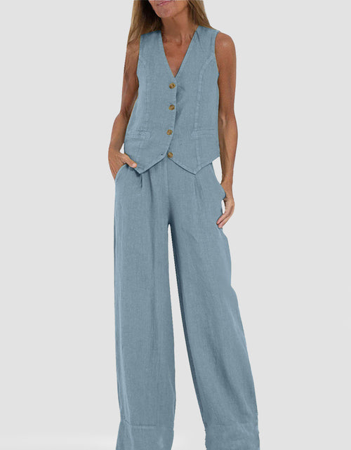 Load image into Gallery viewer, Summer Vest Suits V-neck Botton Sleeveless Top And Loose Straight Trousers Casual Womens Clothing
