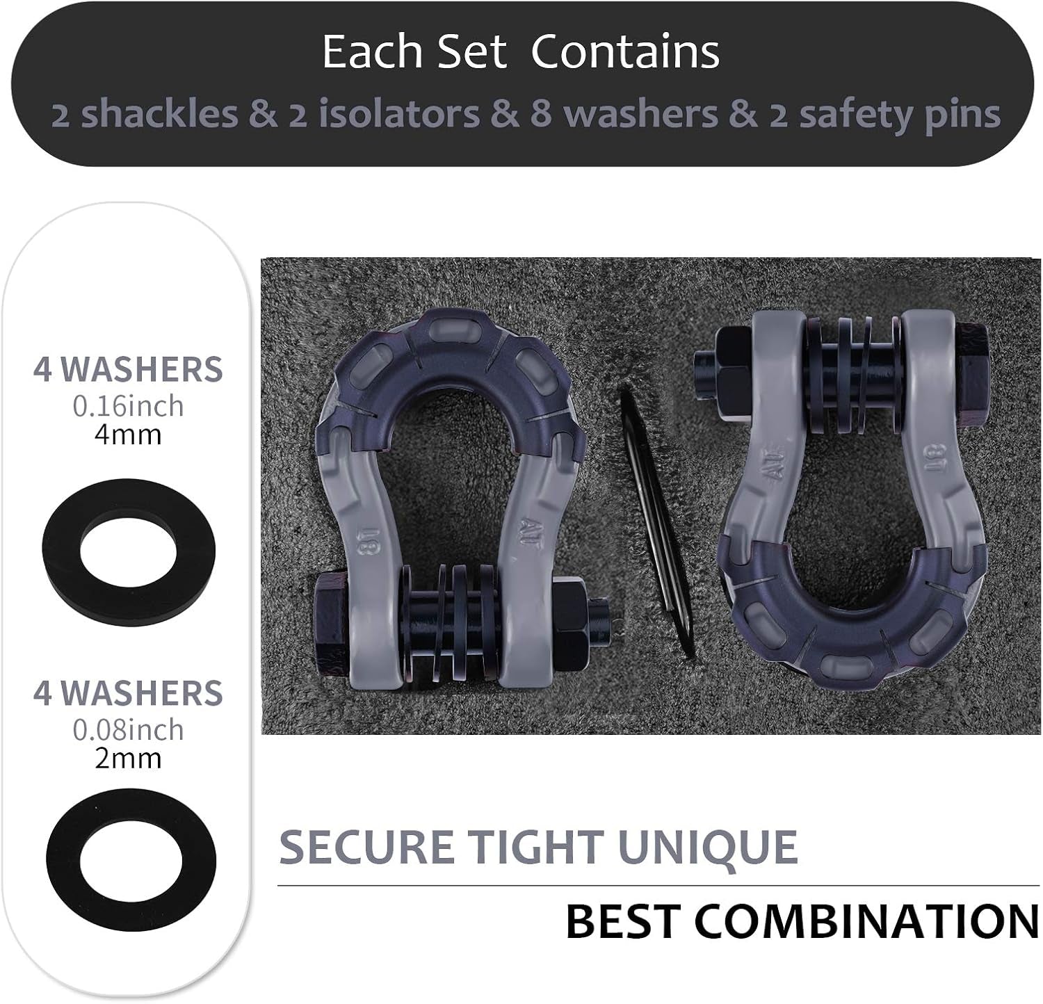 Shackles Upgrade 3/4" D Ring Shackle (2 Pack) 70,000 Lbs Break Strength with 7/8" Pin, Isolator and Washer Kits for Use with Tow Strap, Winch, Off-Road Truck Vehicle Recovery, Grey