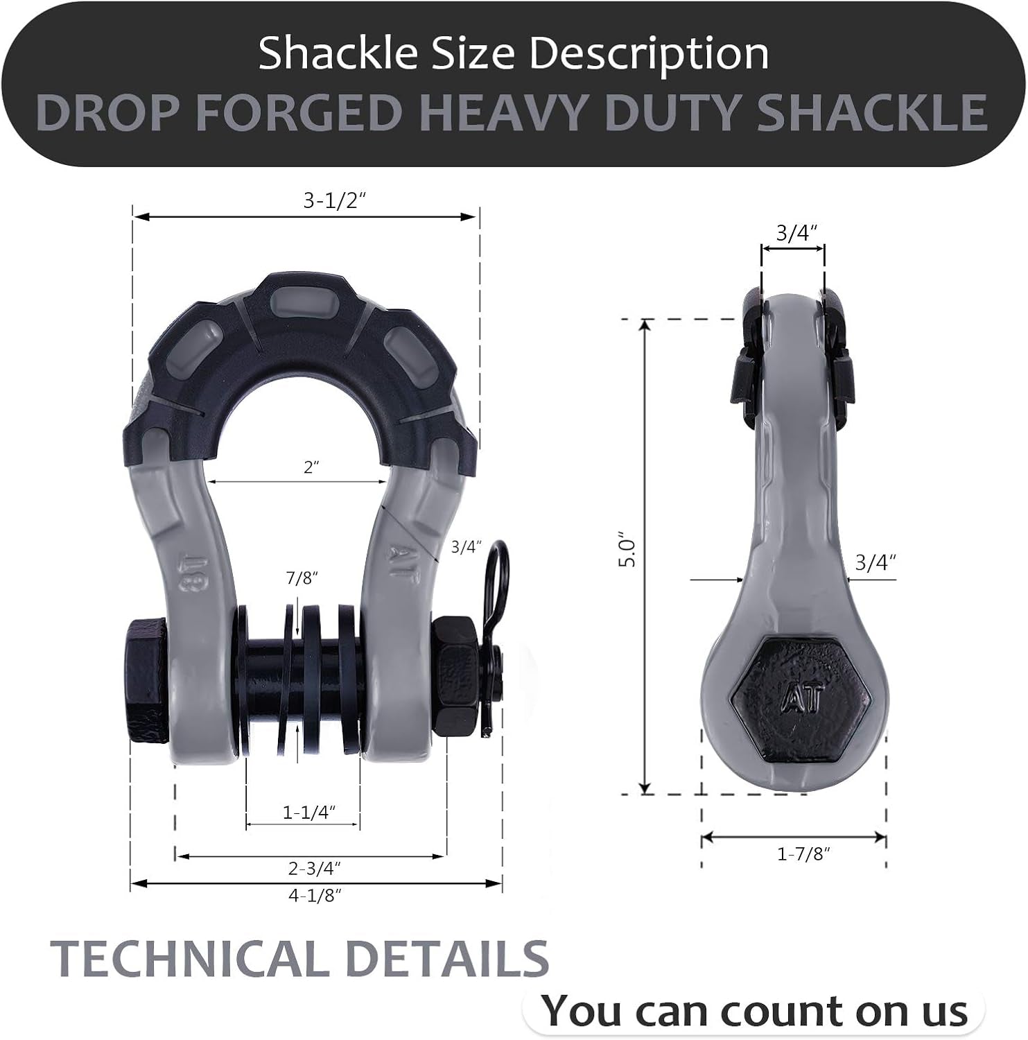 Shackles Upgrade 3/4" D Ring Shackle (2 Pack) 70,000 Lbs Break Strength with 7/8" Pin, Isolator and Washer Kits for Use with Tow Strap, Winch, Off-Road Truck Vehicle Recovery, Grey