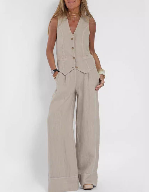 Load image into Gallery viewer, Summer Vest Suits V-neck Botton Sleeveless Top And Loose Straight Trousers Casual Womens Clothing
