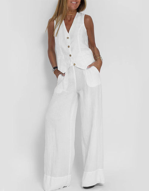 Load image into Gallery viewer, Summer Vest Suits V-neck Botton Sleeveless Top And Loose Straight Trousers Casual Womens Clothing
