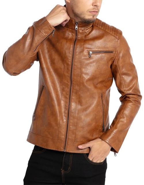 Load image into Gallery viewer, Men&#39;S Stand Collar Leather Jacket Motorcycle Faux Leather Jackets Outwear
