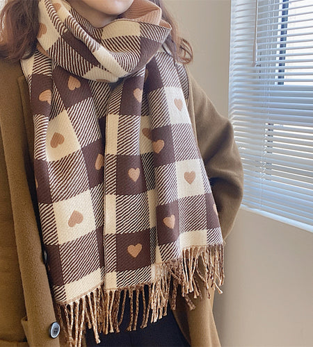 Artificial Cashmere Scarf Female With Hearts Thick Checks Fringe Bib
