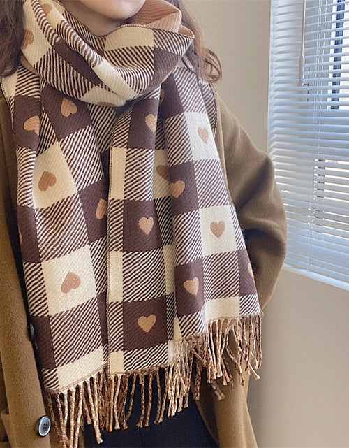 Load image into Gallery viewer, Artificial Cashmere Scarf Female With Hearts Thick Checks Fringe Bib
