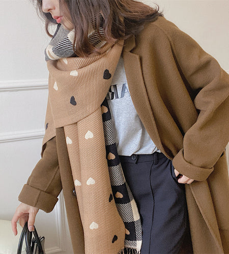 Artificial Cashmere Scarf Female With Hearts Thick Checks Fringe Bib