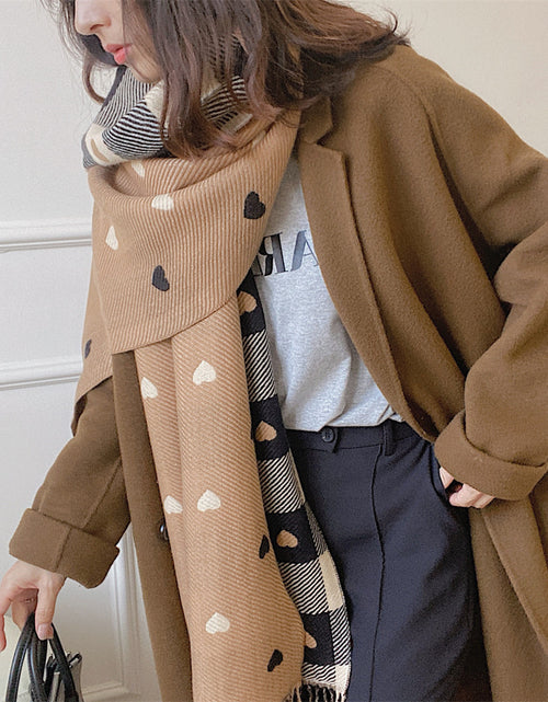Load image into Gallery viewer, Artificial Cashmere Scarf Female With Hearts Thick Checks Fringe Bib
