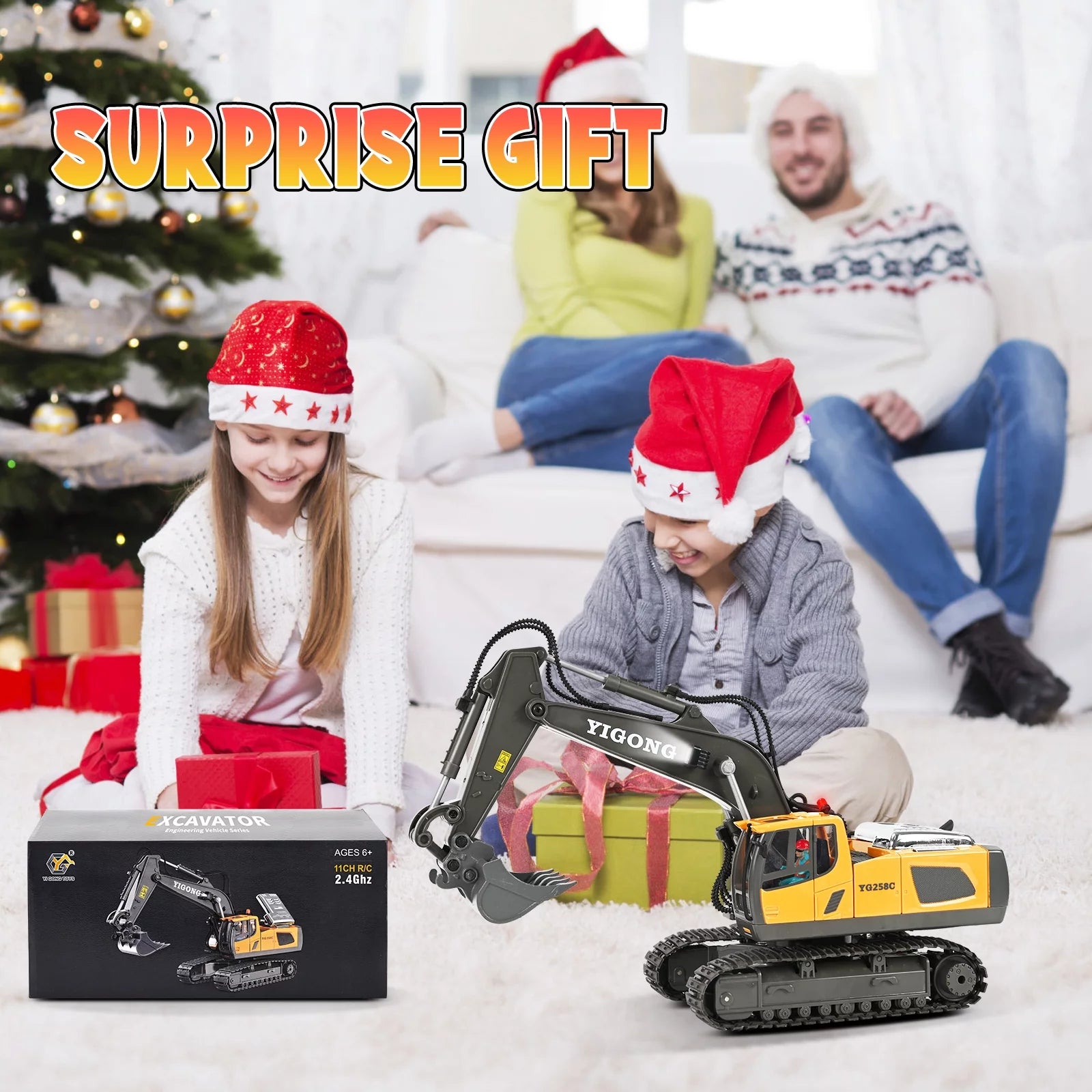 Remote Control Excavator,11 Channel RC Excavator Toys, Rechargeable Construction Vehicle Toys with Lights Sounds,Gifts for Kids 3-12 Years Old